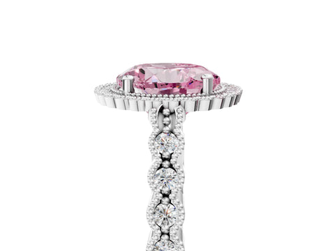 White gold Fancy Pink Round Cut Cut Halo Pavé Solitaire Ring with Milgrain Band_5
