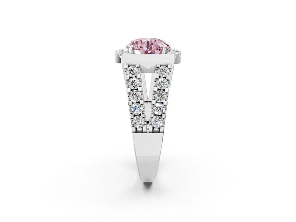 White Gold Round Halo Engagement Ring Setting for Fancy Pink Center with Bar Shoulders