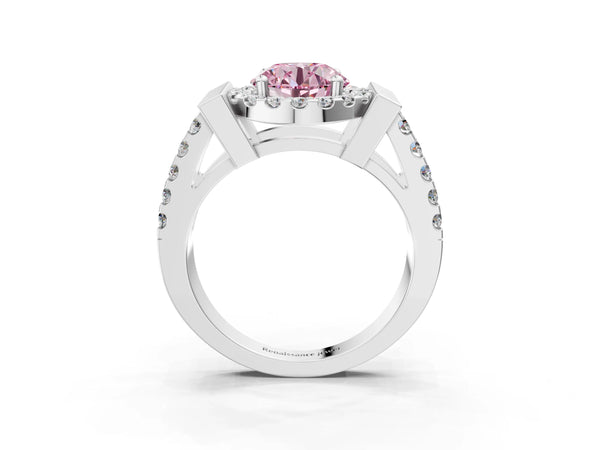 White Gold Round Halo Engagement Ring Setting for Fancy Pink Center with Bar Shoulders