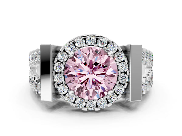 White Gold Round Halo Engagement Ring Setting for Fancy Pink Center with Bar Shoulders
