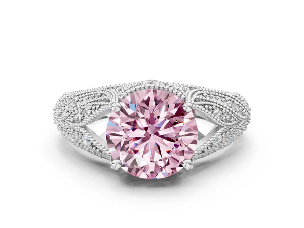 Platinum Fancy Pink Round Cut Cut Milgrain Pave Diamond Engagement Ring with Four-Prong Setting