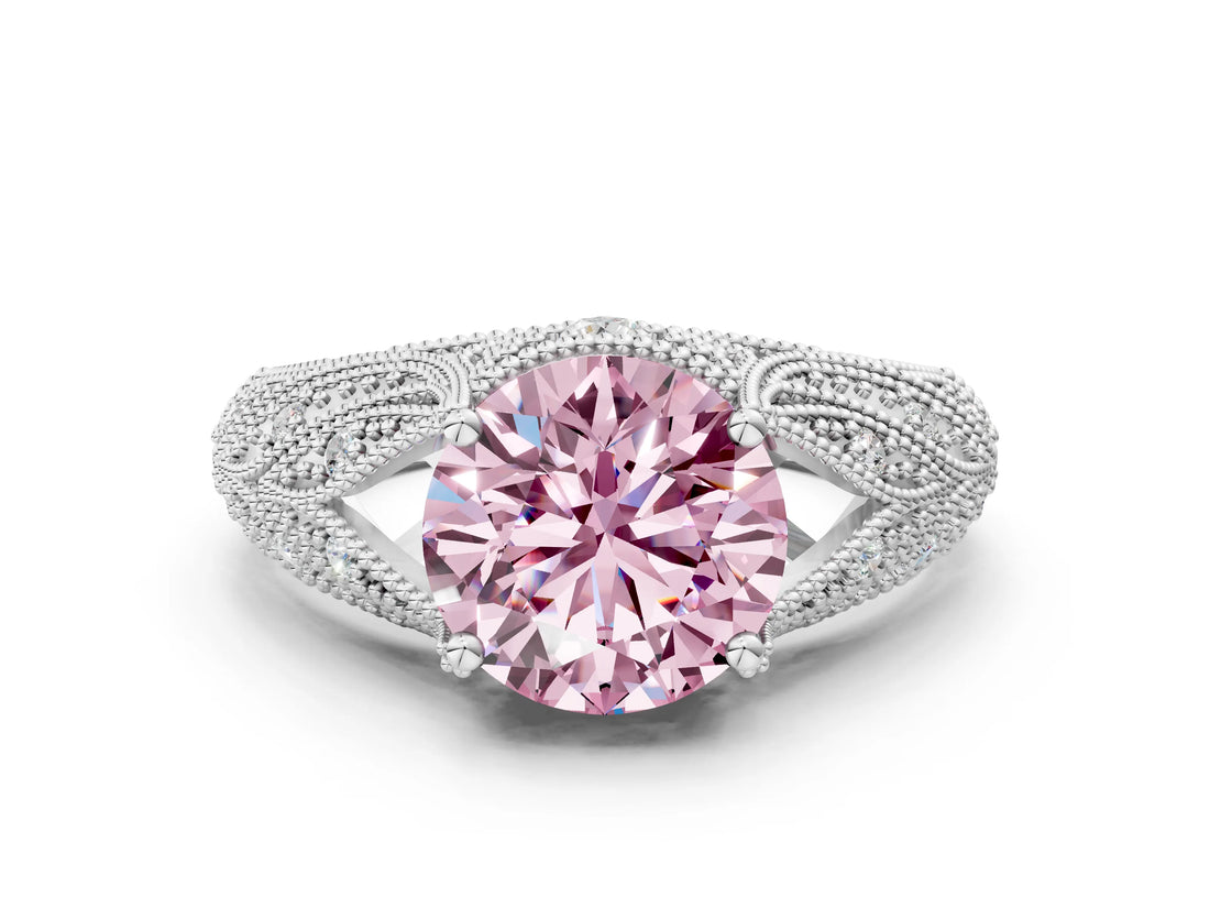 White gold Fancy Pink Round Cut Cut Milgrain Pave Diamond Engagement Ring with Four-Prong Setting_3