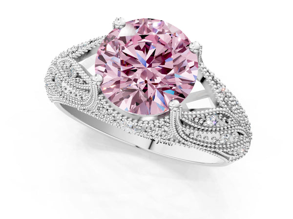 Platinum Fancy Pink Round Cut Cut Milgrain Pave Diamond Engagement Ring with Four-Prong Setting