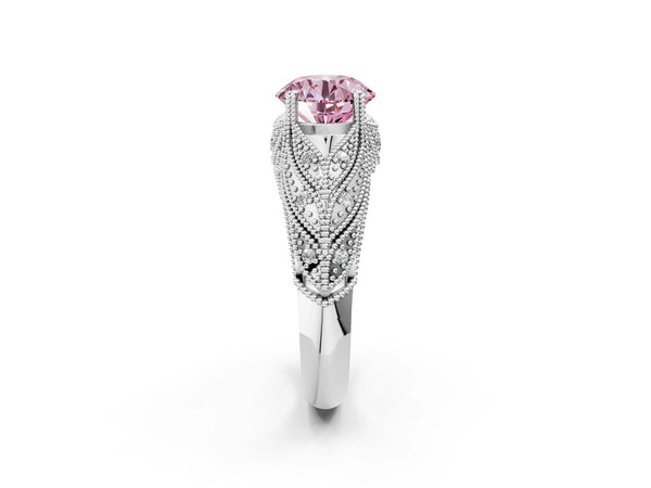 Platinum Fancy Pink Round Cut Cut Milgrain Pave Diamond Engagement Ring with Four-Prong Setting