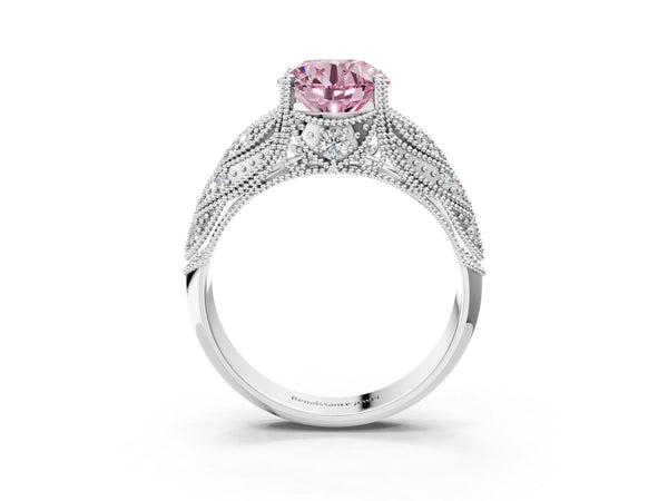 Platinum Fancy Pink Round Cut Cut Milgrain Pave Diamond Engagement Ring with Four-Prong Setting