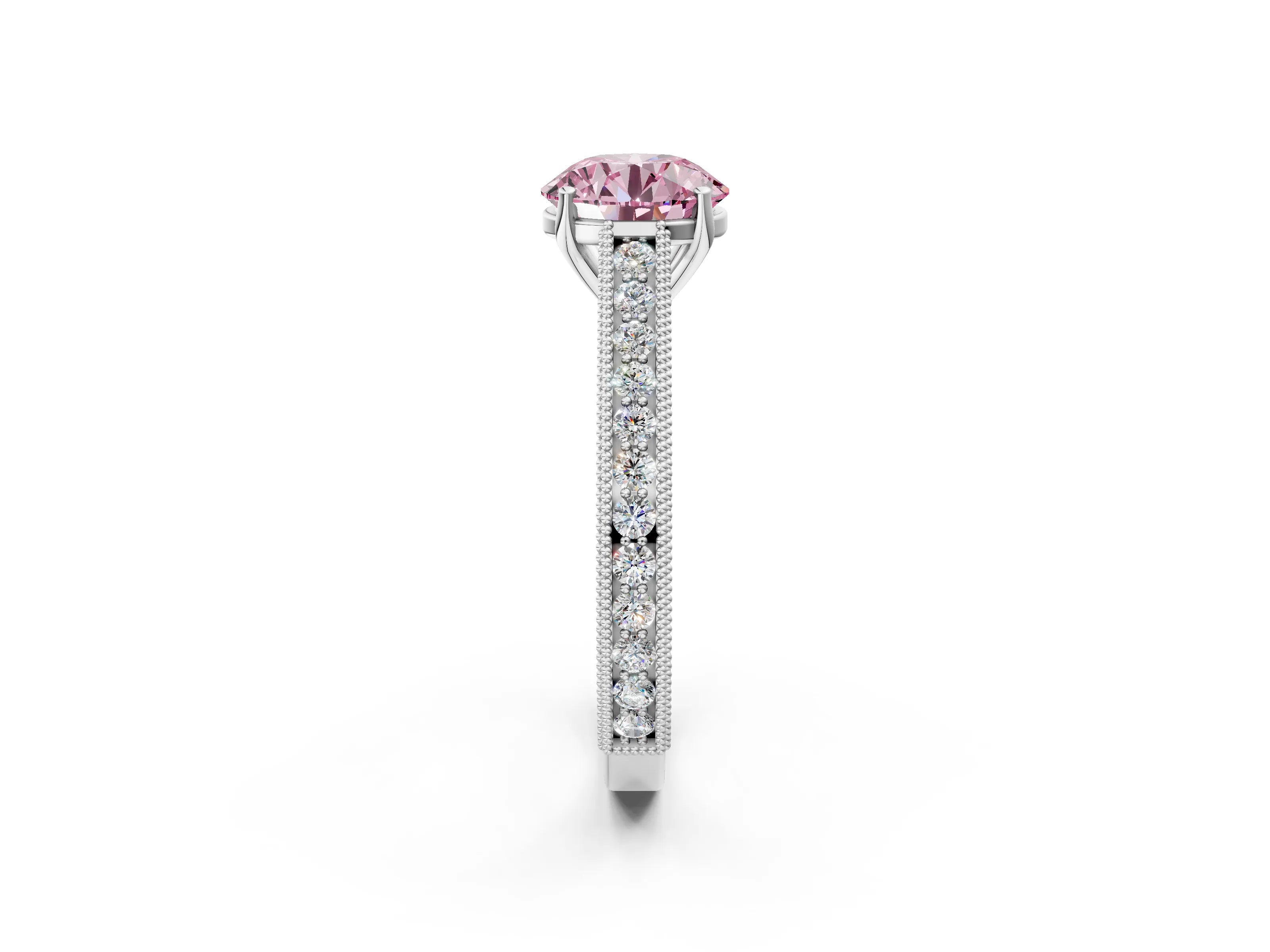 White gold Fancy Pink Round Cut Cut Pave Band Milgrain Solitaire Ring_2