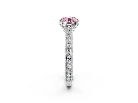 White gold Fancy Pink Round Cut Cut Pave Band Milgrain Solitaire Ring_2