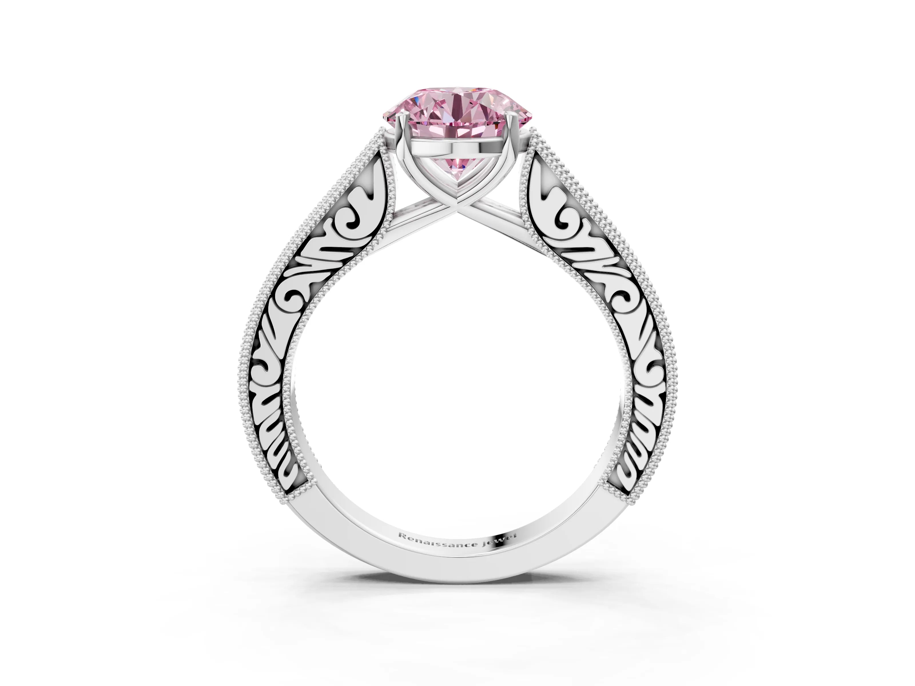 White gold Fancy Pink Round Cut Cut Pave Band Milgrain Solitaire Ring_3