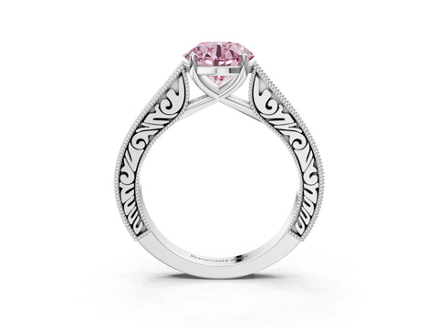 White gold Fancy Pink Round Cut Cut Pave Band Milgrain Solitaire Ring_3