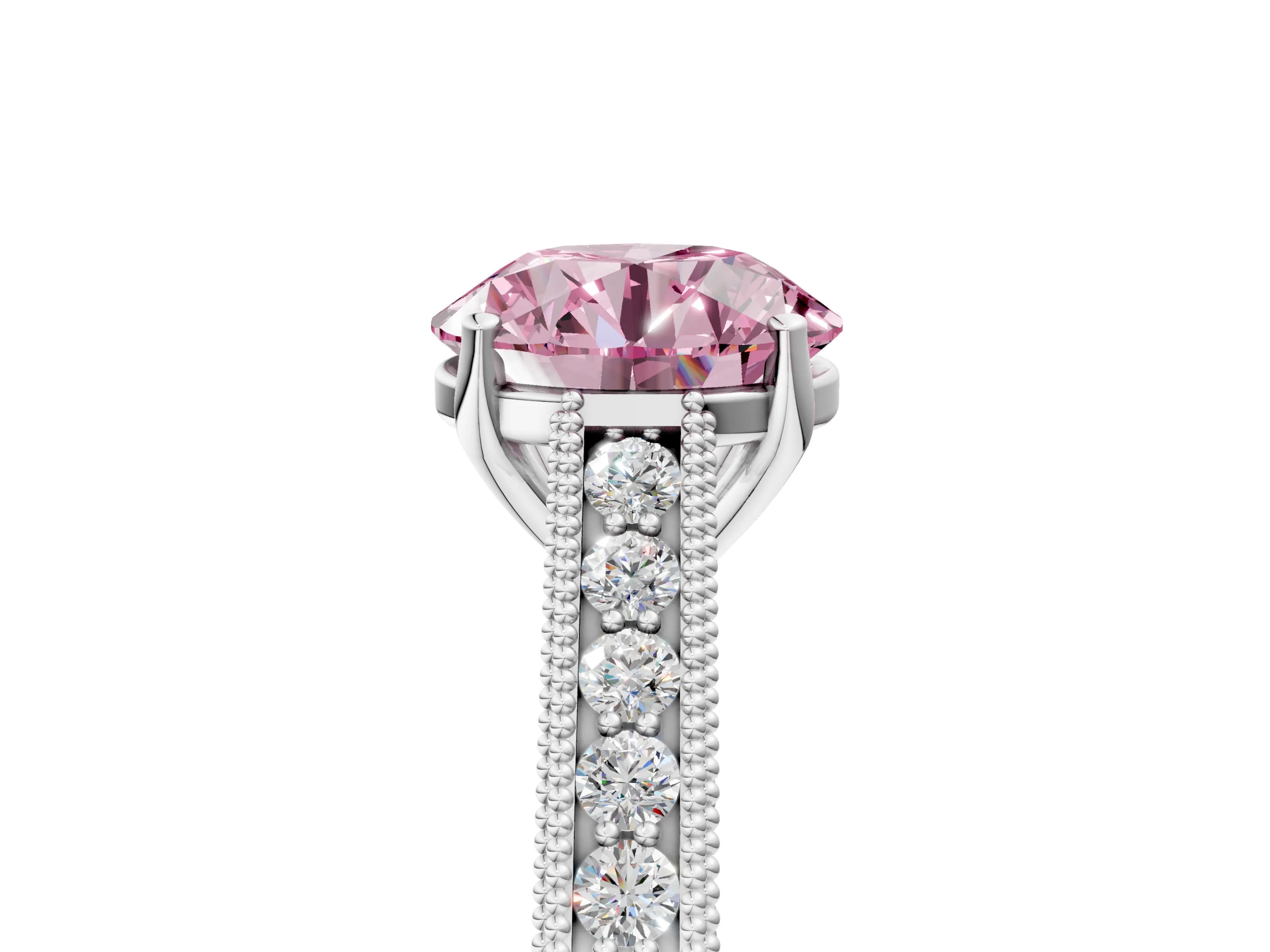 White gold Fancy Pink Round Cut Cut Pave Band Milgrain Solitaire Ring_5