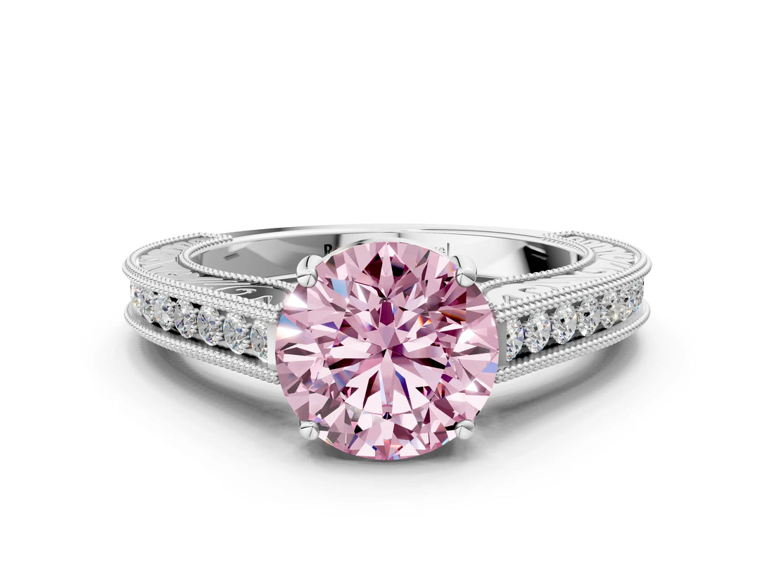 White gold Fancy Pink Round Cut Cut Pave Band Milgrain Solitaire Ring
