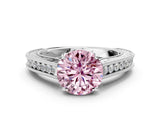 White gold Fancy Pink Round Cut Cut Pave Band Milgrain Solitaire Ring