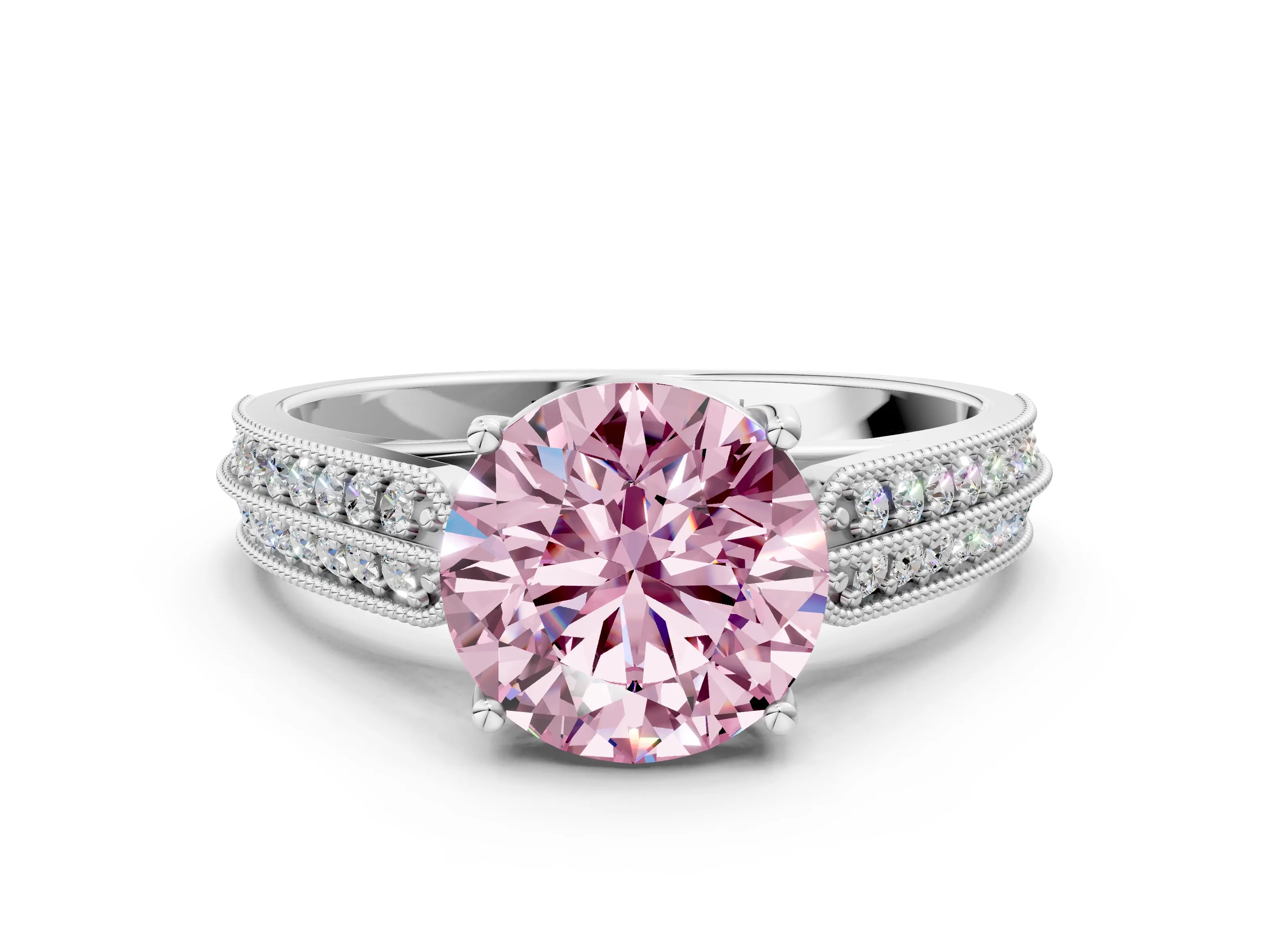 White gold Fancy Pink Round Cut Cut Pave Split Shank Engagement Ring with Four-Prong Setting