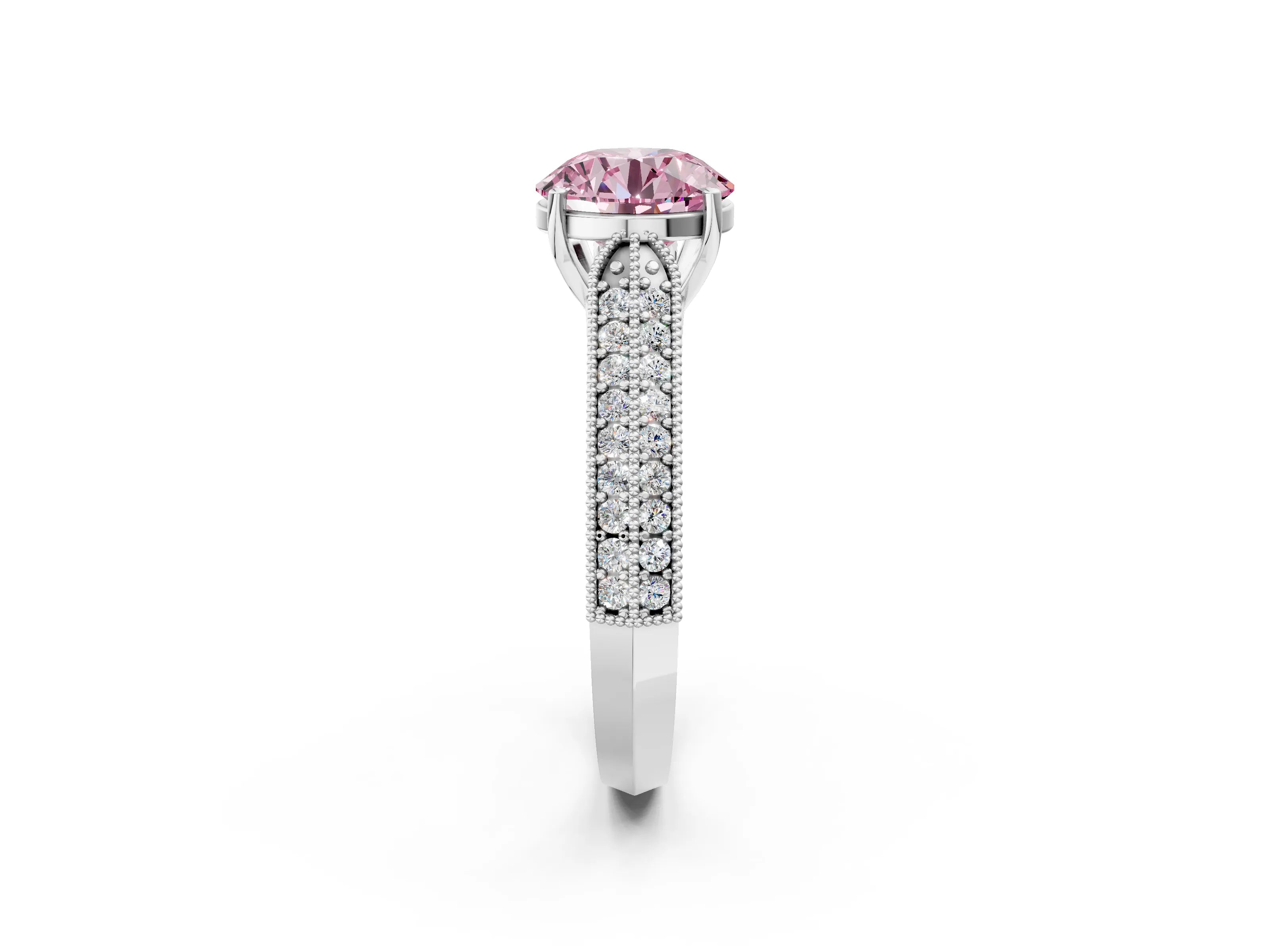 White gold Fancy Pink Round Cut Cut Pave Split Shank Engagement Ring with Four-Prong Setting_2