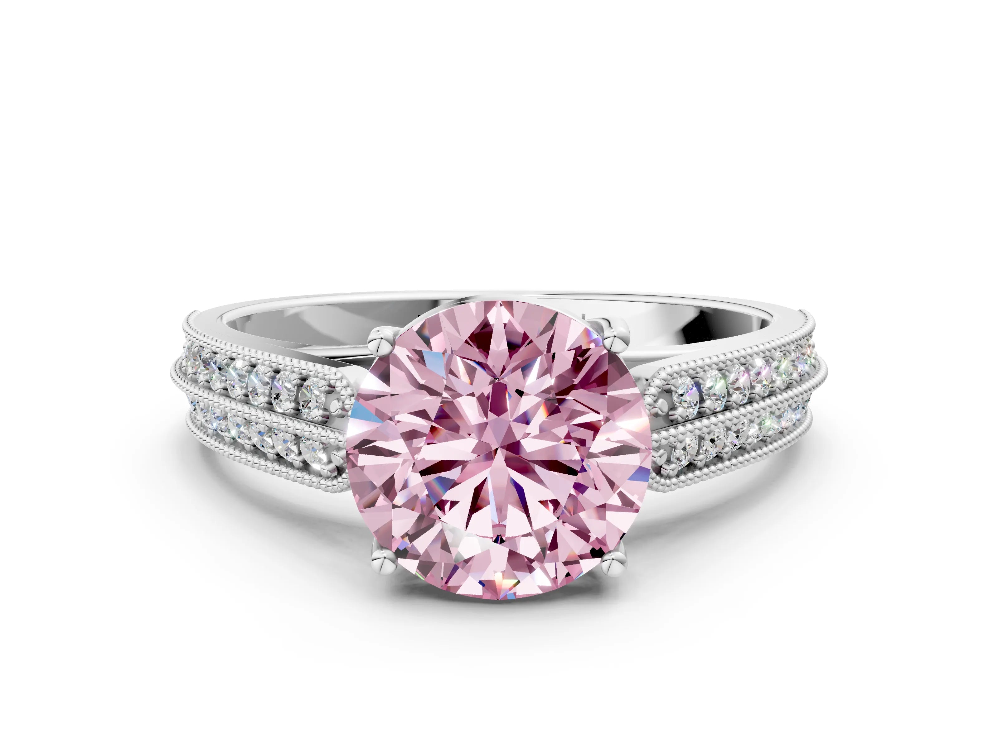 White gold Fancy Pink Round Cut Cut Pave Split Shank Engagement Ring with Four-Prong Setting_24