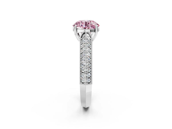 White gold Fancy Pink Round Cut Cut Pave Split Shank Engagement Ring with Four-Prong Setting