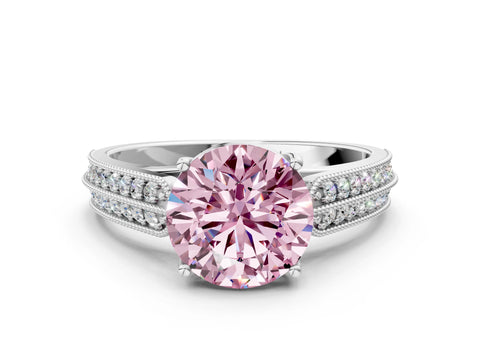 White gold Fancy Pink Round Cut Cut Pave Split Shank Engagement Ring with Four-Prong Setting