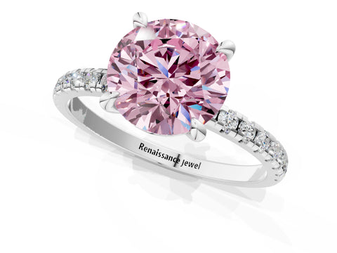 White gold Fancy Pink Round Cut Diamond Brilliant Solitaire Ring with Pavé Band and Four-Prong Setting_1