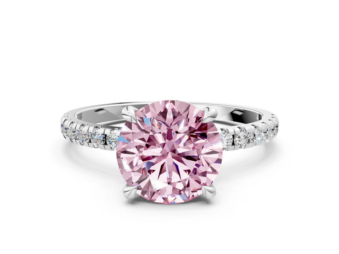White gold Fancy Pink Round Cut Diamond Brilliant Solitaire Ring with Pavé Band and Four-Prong Setting_24