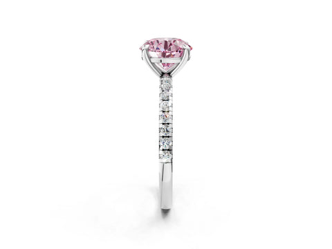 White gold Fancy Pink Round Cut Diamond Brilliant Solitaire Ring with Pavé Band and Four-Prong Setting_2