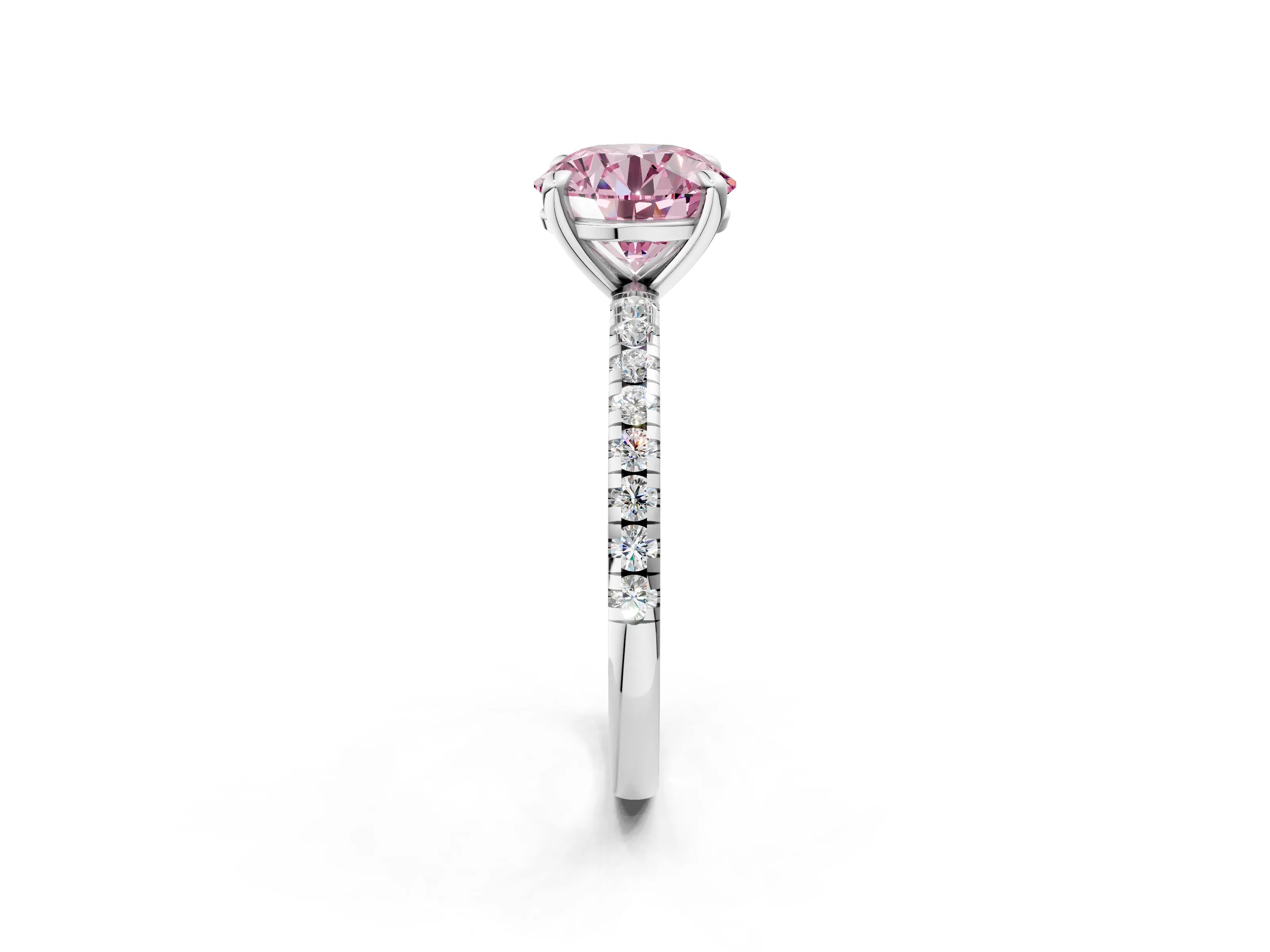 White gold Fancy Pink Round Cut Diamond Brilliant Solitaire Ring with Pavé Band and Four-Prong Setting_2