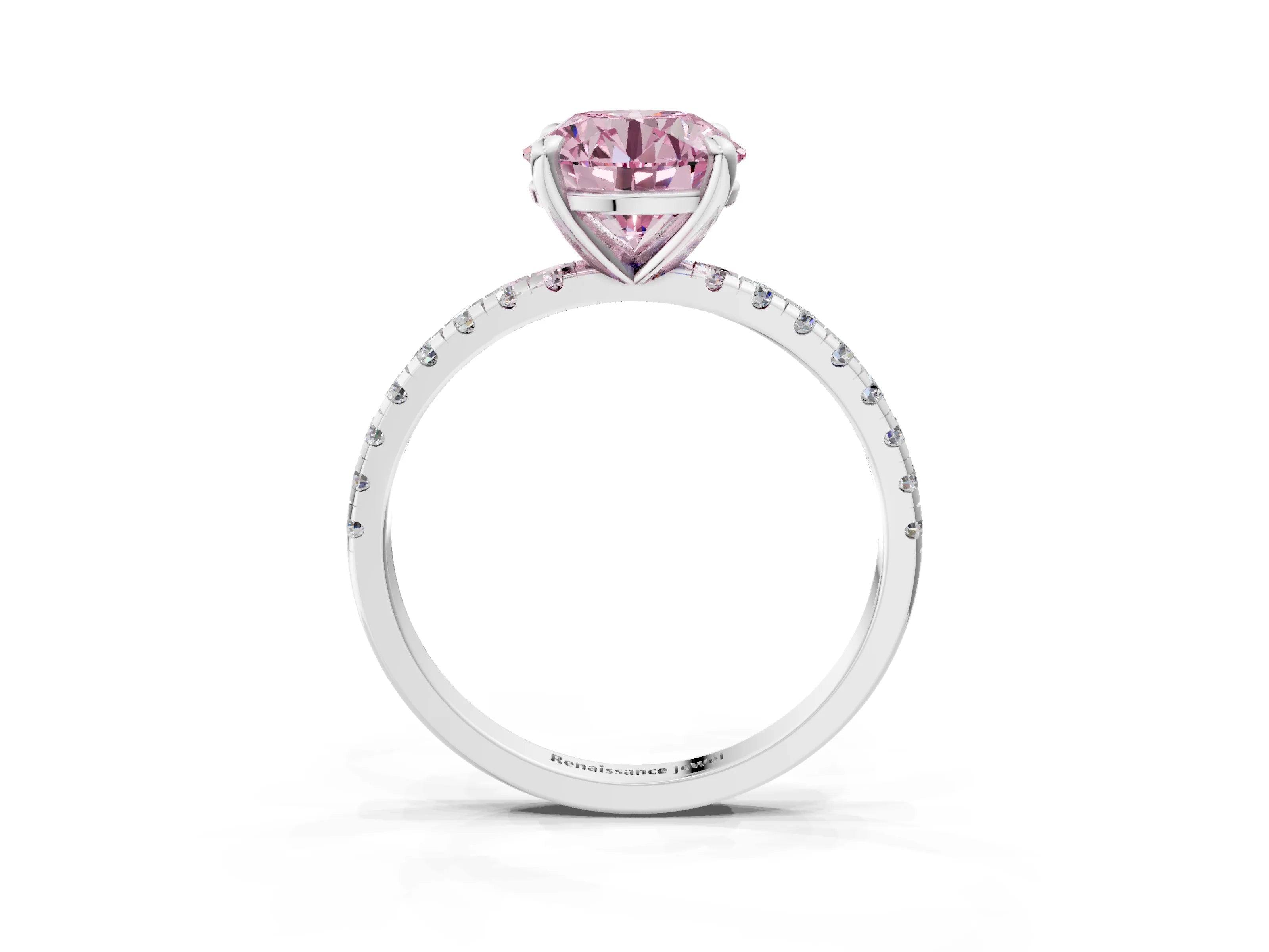 White gold Fancy Pink Round Cut Diamond Brilliant Solitaire Ring with Pavé Band and Four-Prong Setting_3