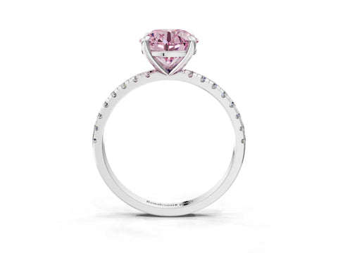 White gold Fancy Pink Round Cut Diamond Brilliant Solitaire Ring with Pavé Band and Four-Prong Setting_3