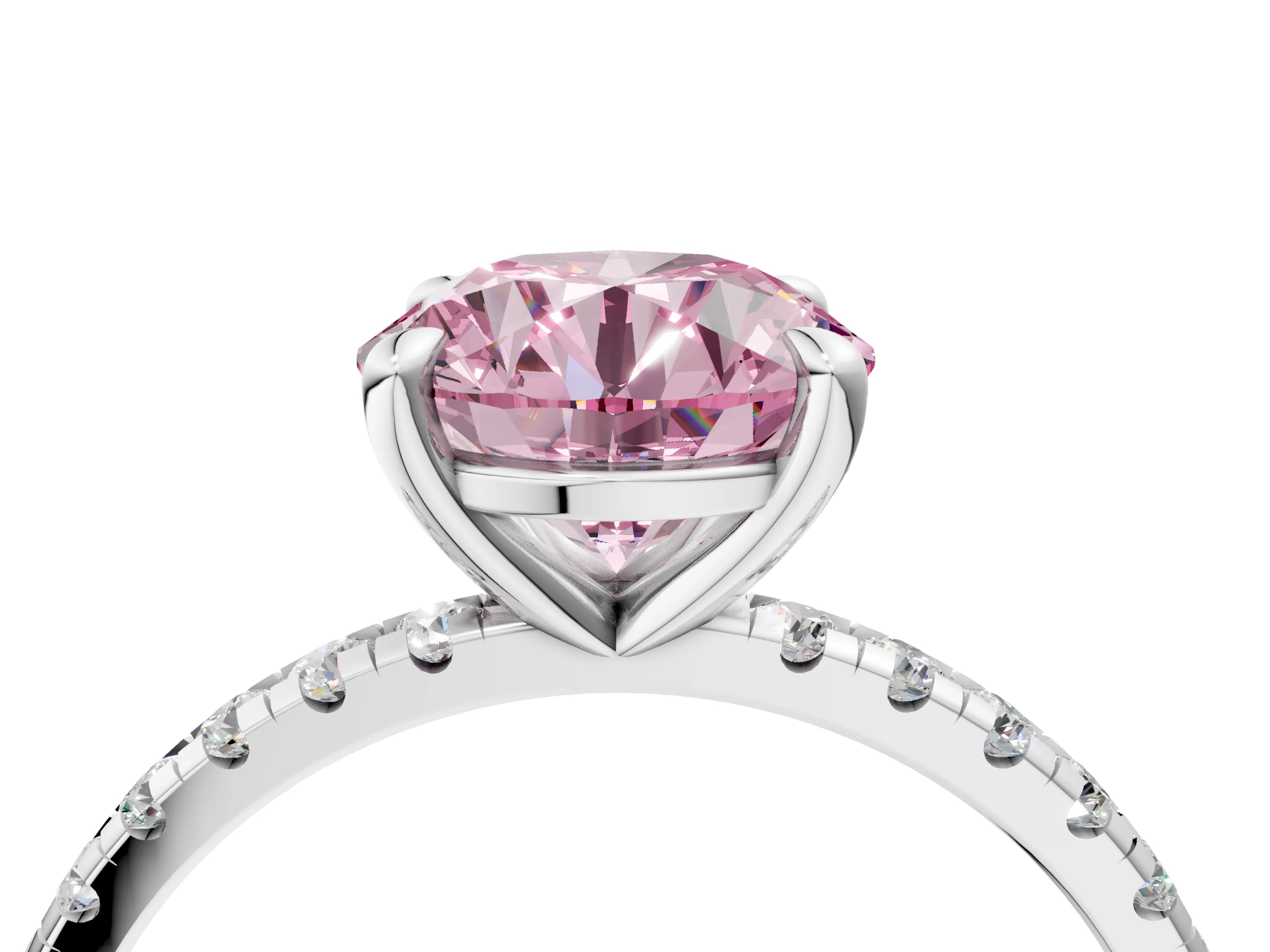 White gold Fancy Pink Round Cut Diamond Brilliant Solitaire Ring with Pavé Band and Four-Prong Setting_4