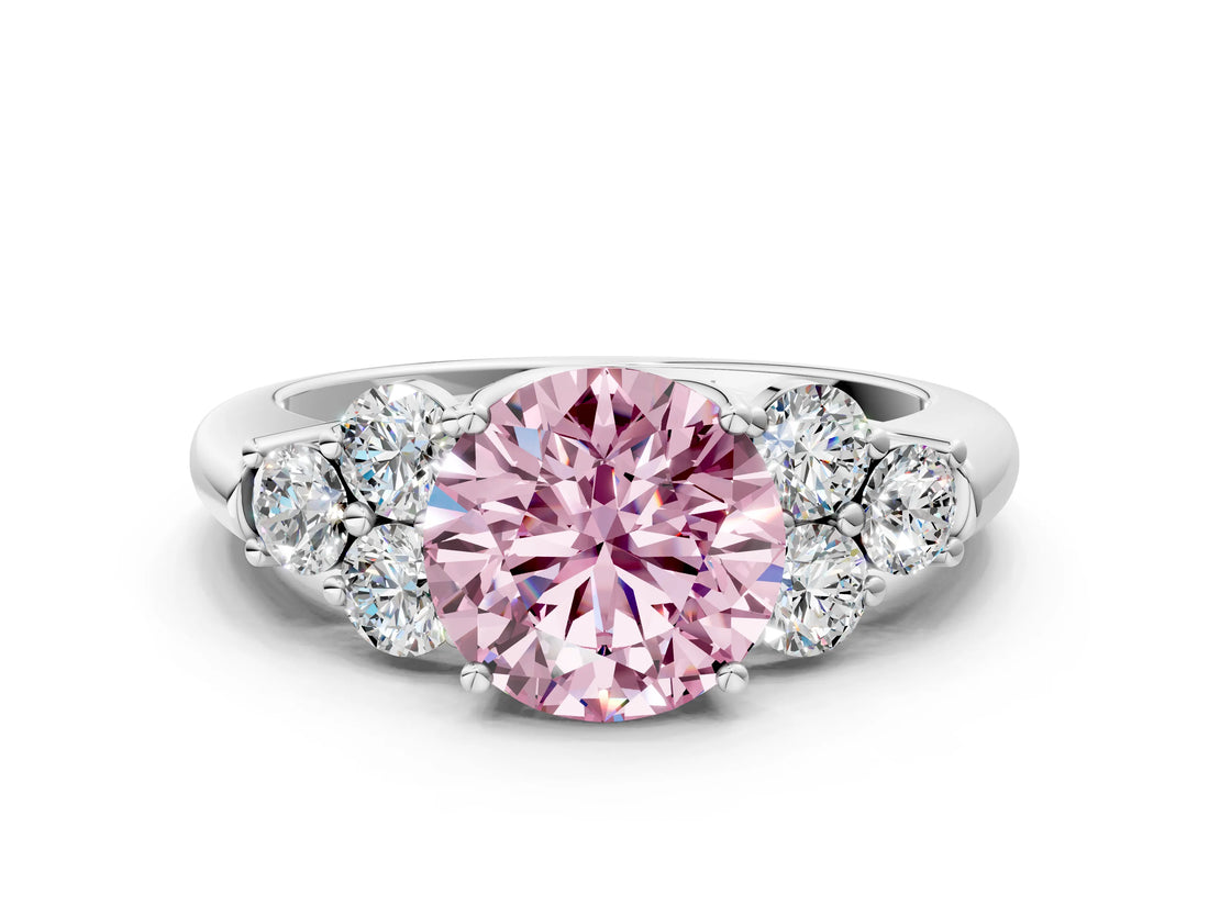 White gold Fancy Pink Round  Cut Diamond Cluster Ring with Round Accent Stones and Prong Setting on a Classic Band_29