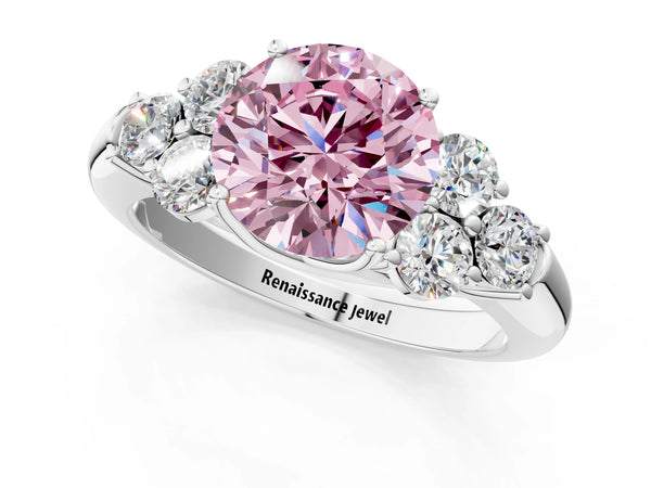 White gold Fancy Pink Round  Cut Diamond Cluster Ring with Round Accent Stones and Prong Setting on a Classic Band