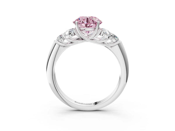 White gold Fancy Pink Round  Cut Diamond Cluster Ring with Round Accent Stones and Prong Setting on a Classic Band