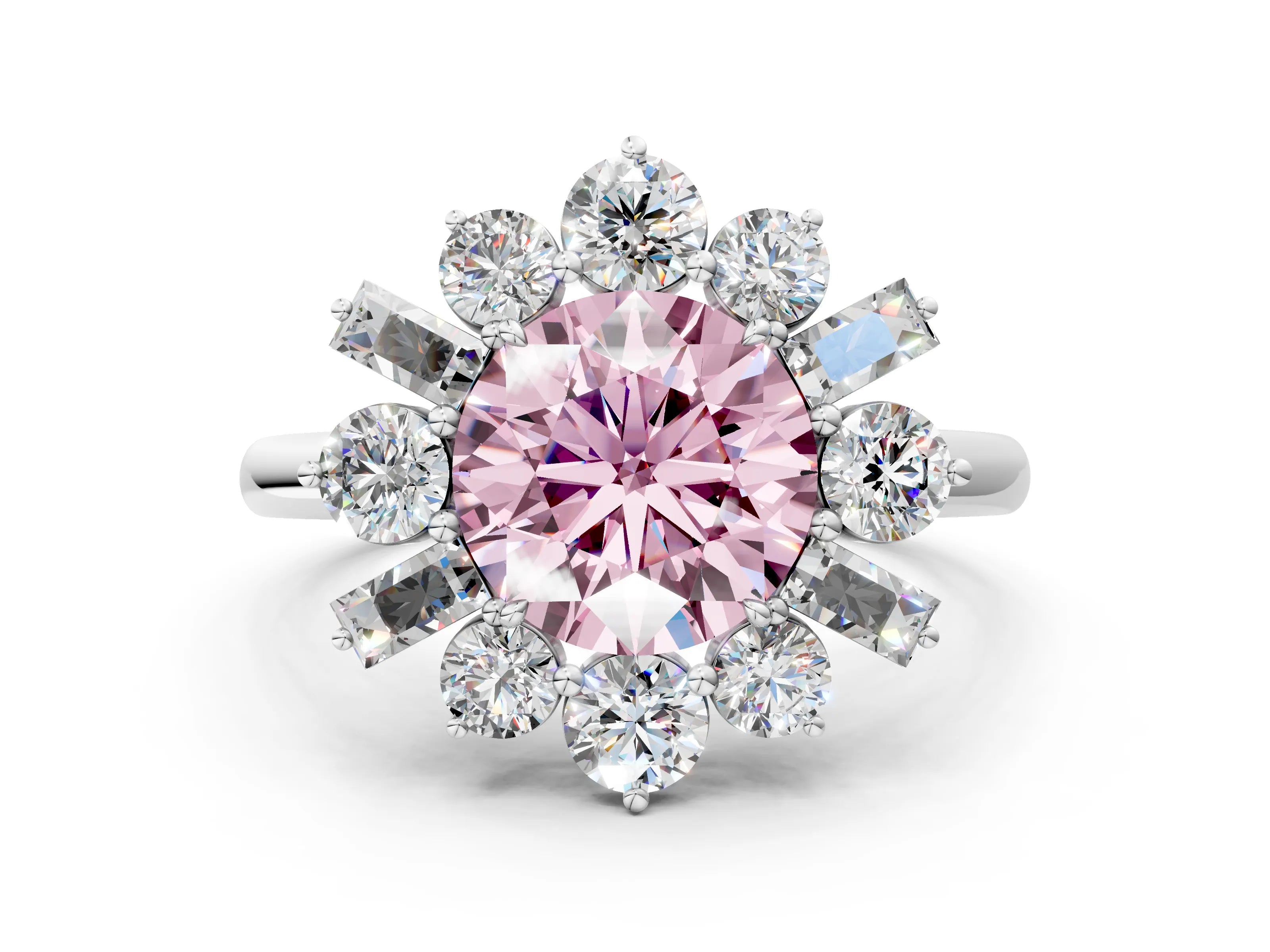 White gold Fancy Pink Round Cut Diamond Cluster Ring with Round and Baguette Stones, Split Shank Band, Prong Setting