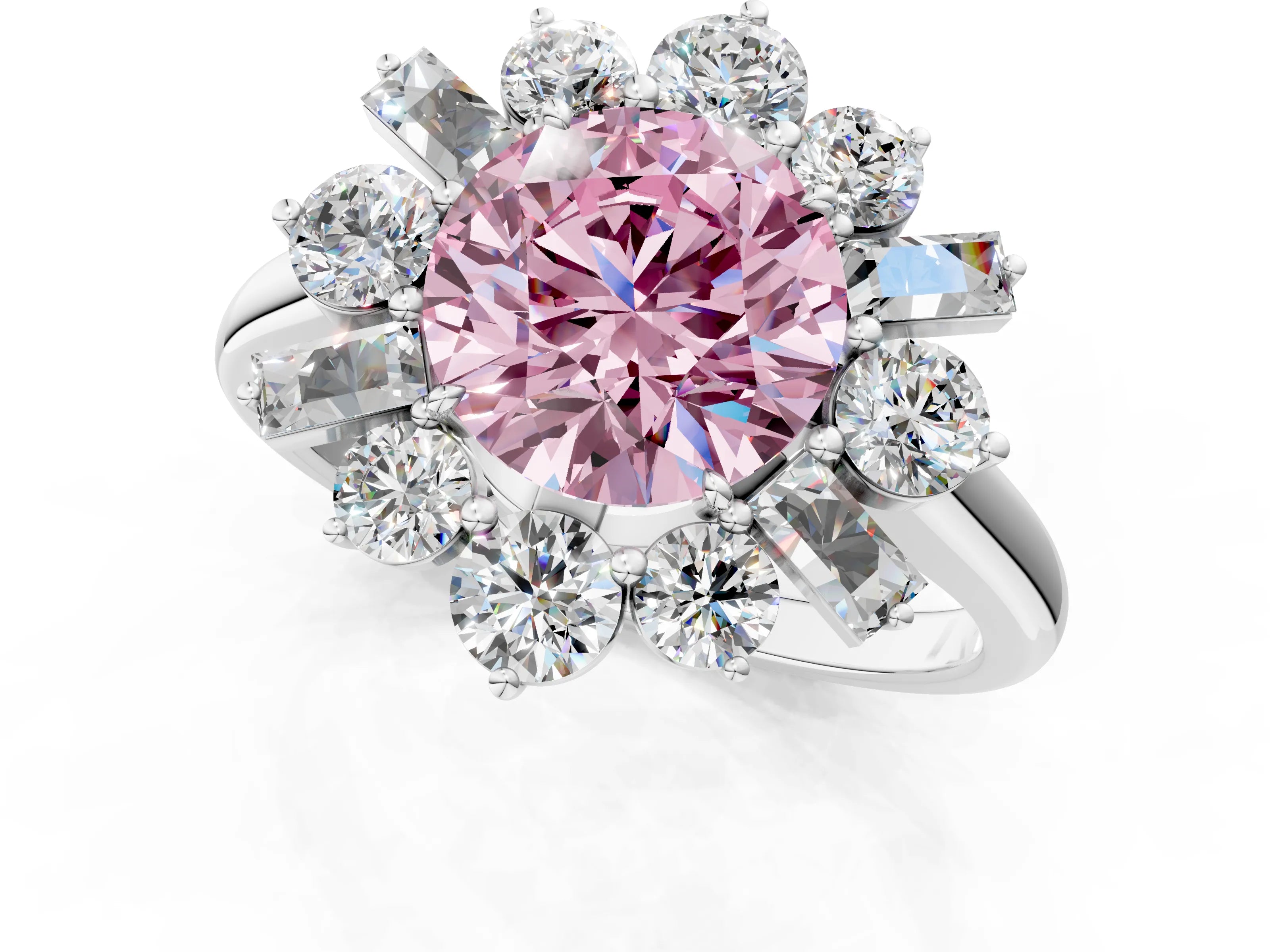 White gold Fancy Pink Round Cut Diamond Cluster Ring with Round and Baguette Stones, Split Shank Band, Prong Setting_1