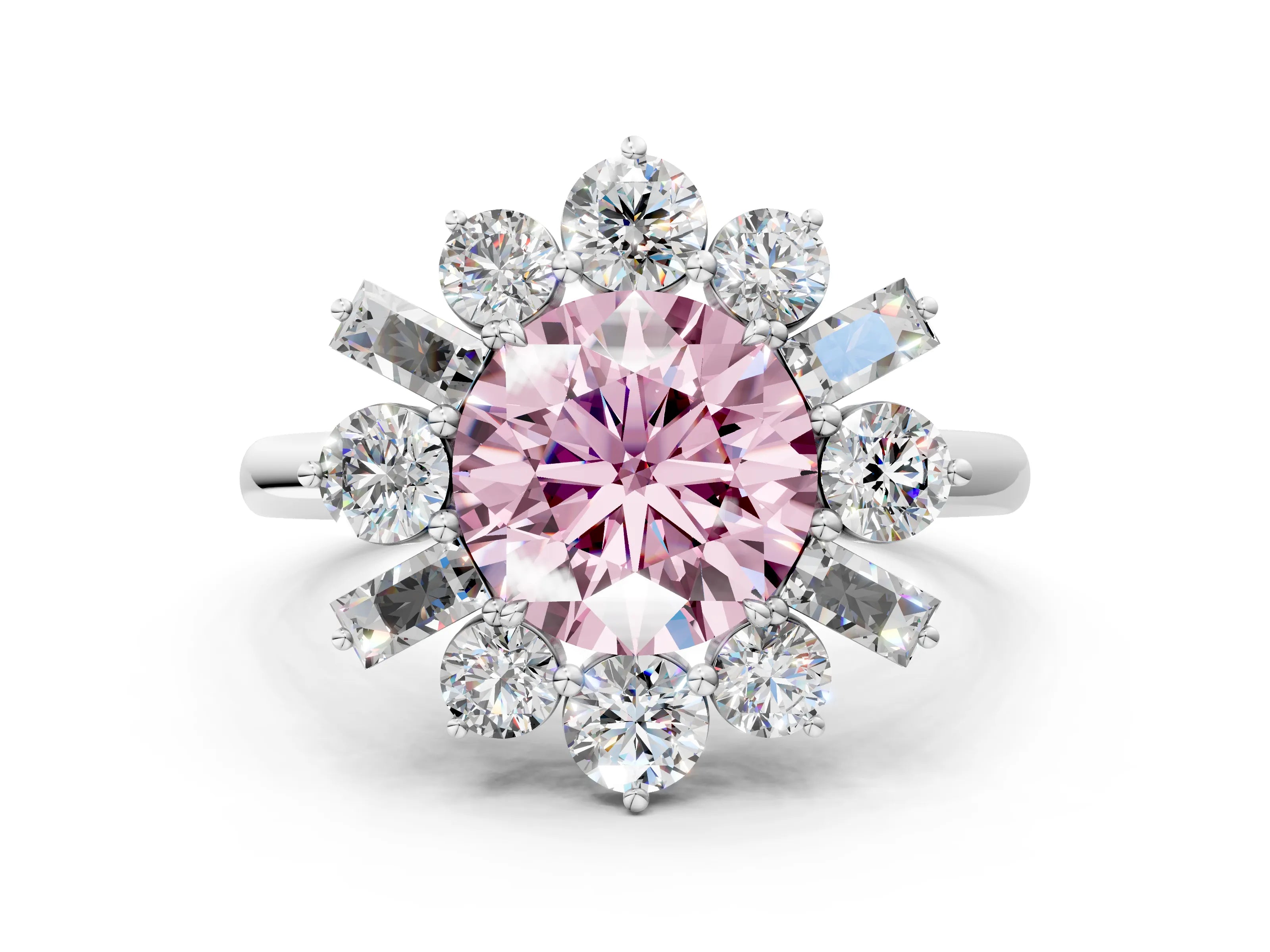 White gold Fancy Pink Round Cut Diamond Cluster Ring with Round and Baguette Stones, Split Shank Band, Prong Setting_12