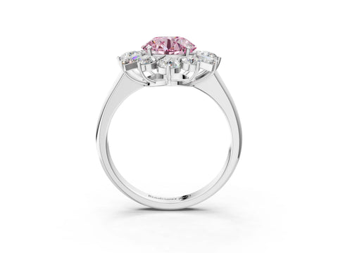 White gold Fancy Pink Round Cut Diamond Cluster Ring with Round and Baguette Stones, Split Shank Band, Prong Setting_15