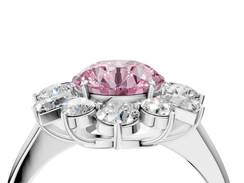 White gold Fancy Pink Round Cut Diamond Cluster Ring with Round and Baguette Stones, Split Shank Band, Prong Setting_16