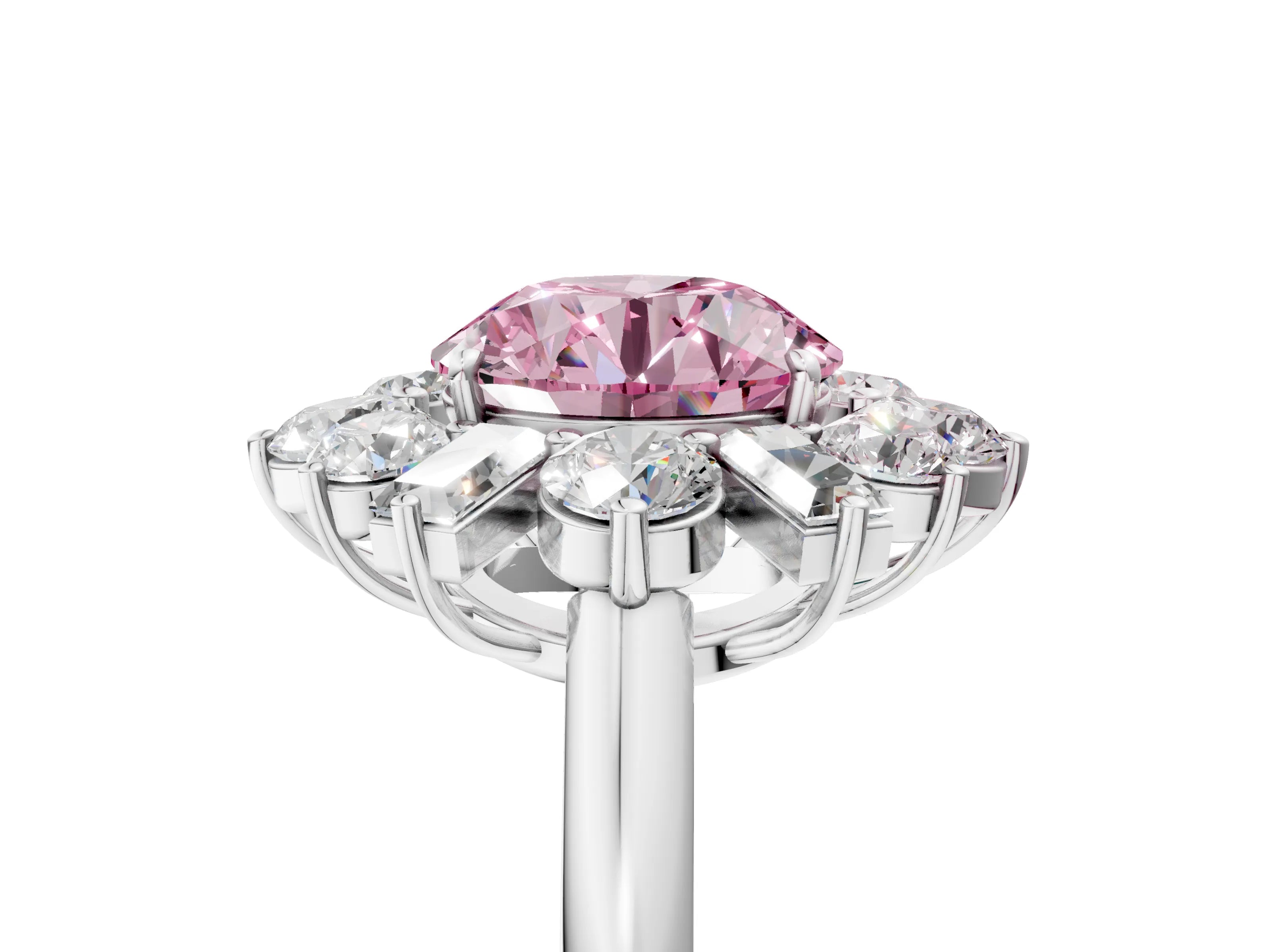 White gold Fancy Pink Round Cut Diamond Cluster Ring with Round and Baguette Stones, Split Shank Band, Prong Setting_17