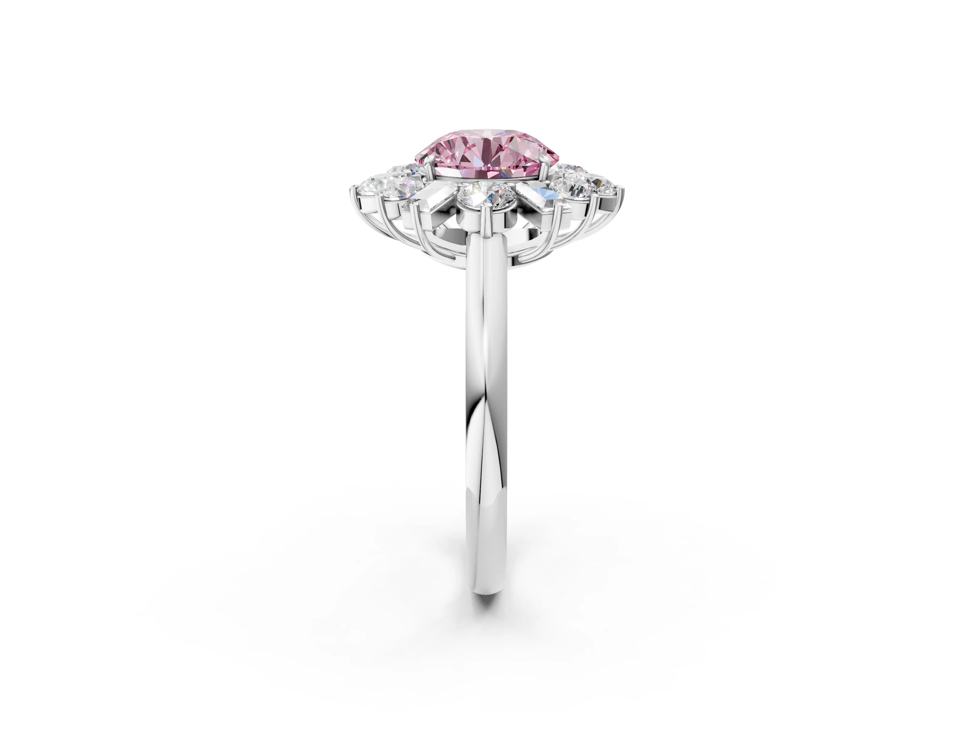 White gold Fancy Pink Round Cut Diamond Cluster Ring with Round and Baguette Stones, Split Shank Band, Prong Setting_2