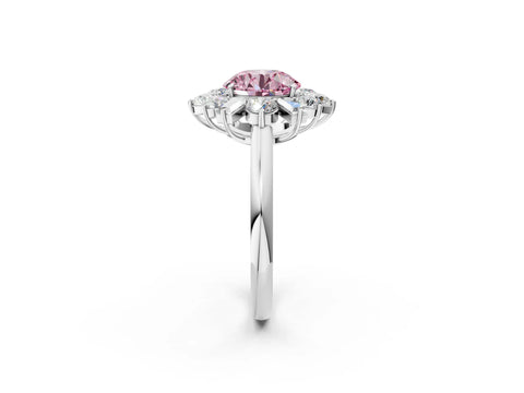 White gold Fancy Pink Round Cut Diamond Cluster Ring with Round and Baguette Stones, Split Shank Band, Prong Setting_2