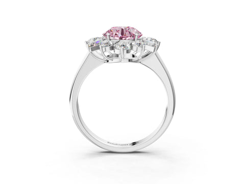 White gold Fancy Pink Round Cut Diamond Cluster Ring with Round and Baguette Stones, Split Shank Band, Prong Setting_3