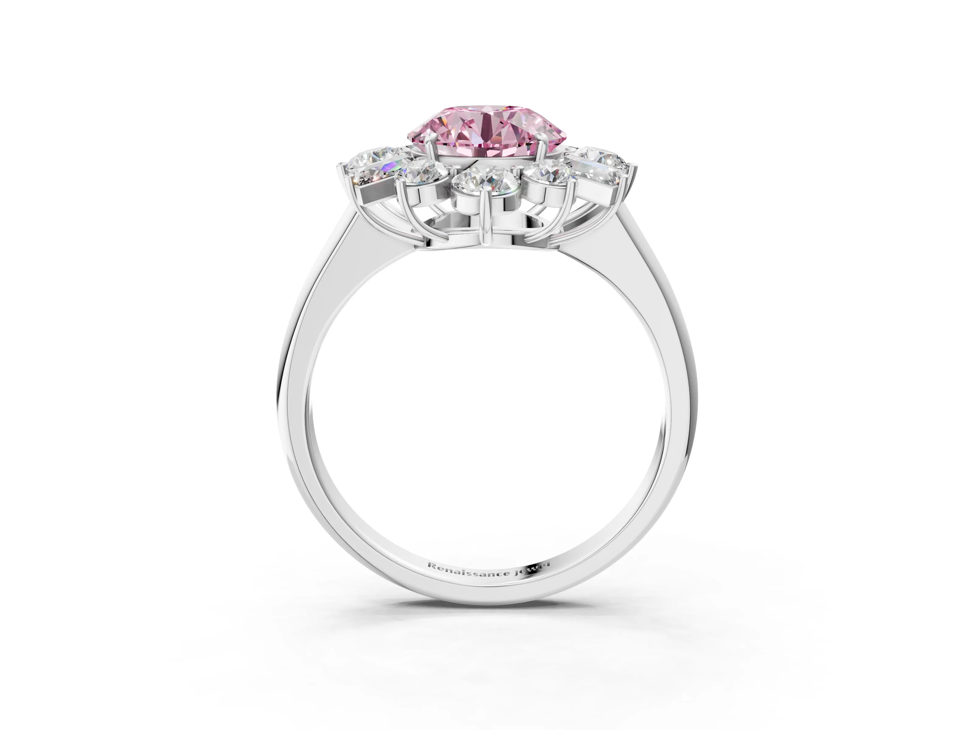White gold Fancy Pink Round Cut Diamond Cluster Ring with Round and Baguette Stones, Split Shank Band, Prong Setting_3
