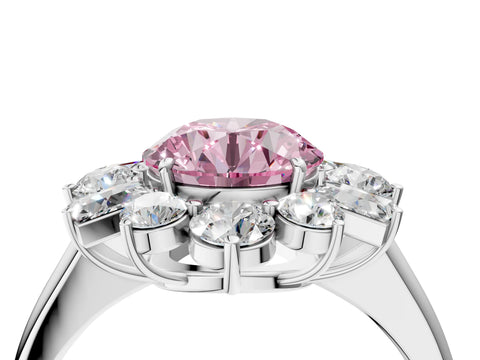 White gold Fancy Pink Round Cut Diamond Cluster Ring with Round and Baguette Stones, Split Shank Band, Prong Setting_4