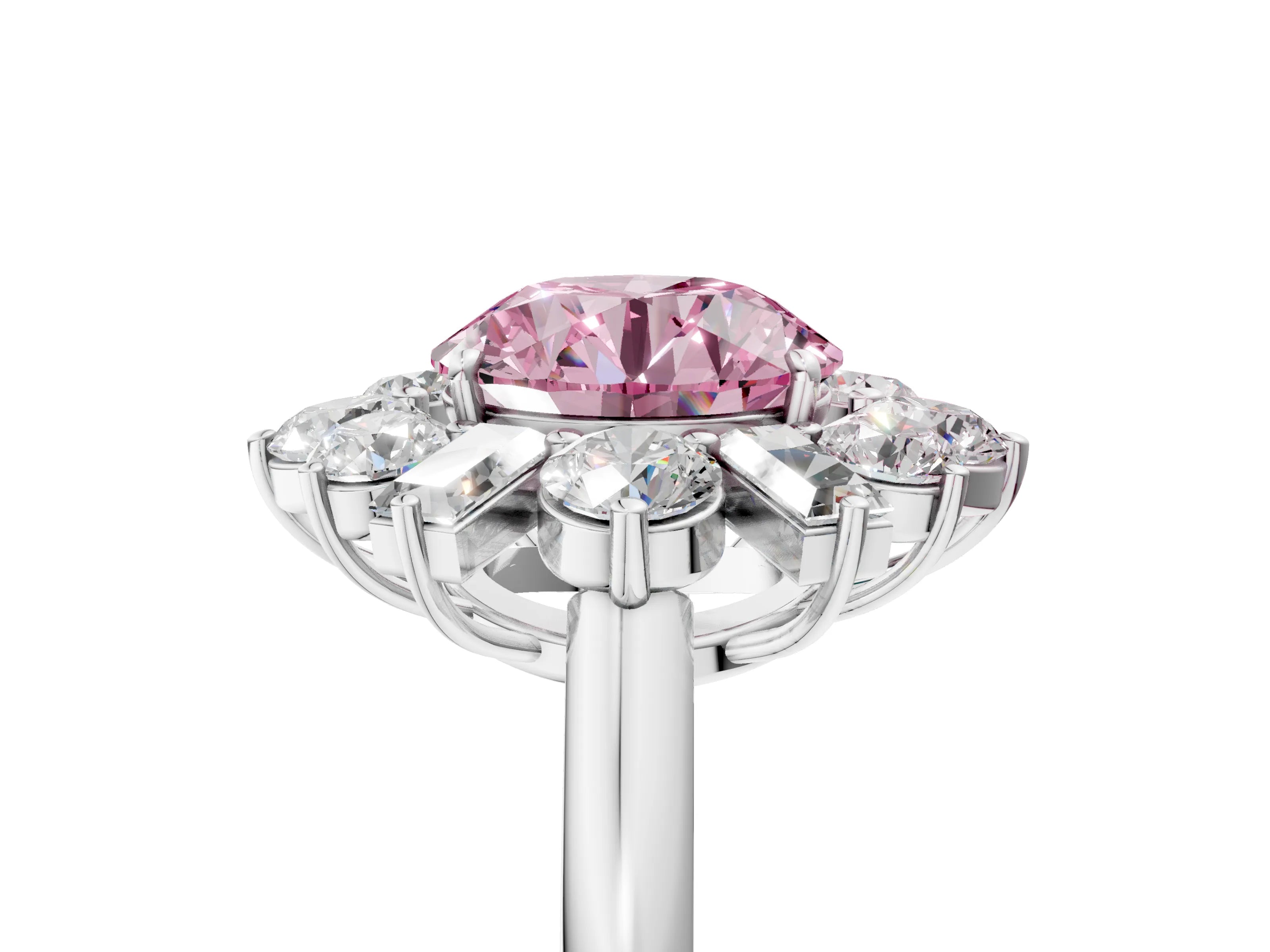 White gold Fancy Pink Round Cut Diamond Cluster Ring with Round and Baguette Stones, Split Shank Band, Prong Setting_5
