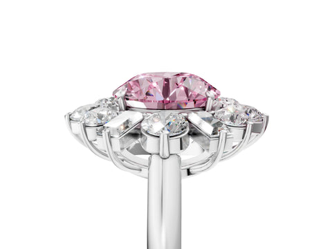White gold Fancy Pink Round Cut Diamond Cluster Ring with Round and Baguette Stones, Split Shank Band, Prong Setting_5