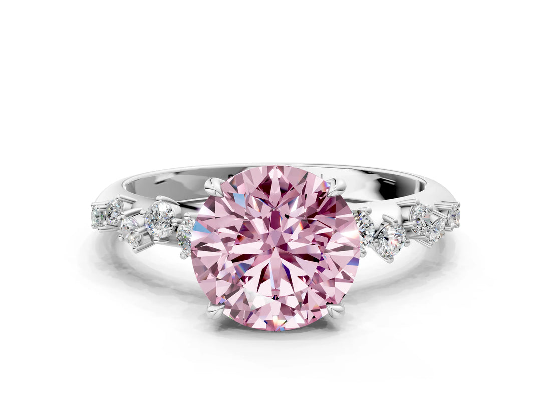 Silver 0.58 Carat Pink VS1 Round Diamond Cluster Side Stone Solitaire Ring with Prong Setting