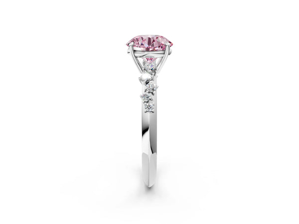 White gold Fancy Pink Round Cut Diamond Cluster Side Stone Solitaire Ring with Prong Setting