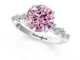Silver 0.58 Carat Pink VS1 Round Diamond Cluster Side Stone Solitaire Ring with Prong Setting