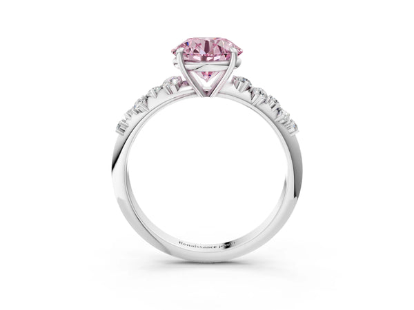 White gold Fancy Pink Round Cut Diamond Cluster Side Stone Solitaire Ring with Prong Setting