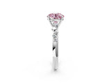 Silver 0.58 Carat Pink VS1 Round Diamond Cluster Side Stone Solitaire Ring with Prong Setting