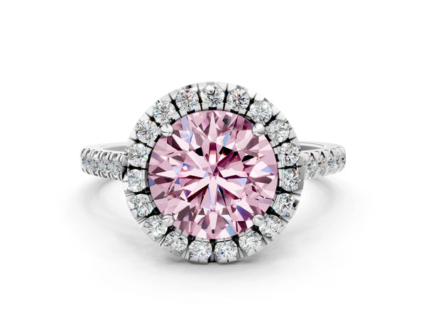 Platinum Fancy Pink Round Cut Diamond Cushion Halo Ring with Pavé Band